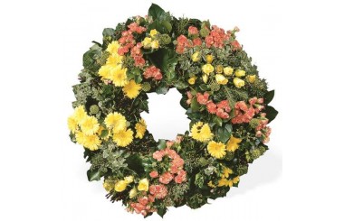 L'Agitateur Floral | image de la couronne de deuil jaune et rose du nom de témoignage éternel