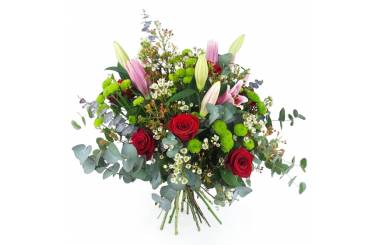 Image Bouquet de rose rouge & lys rose "Liège" | L'Agitateur Floral